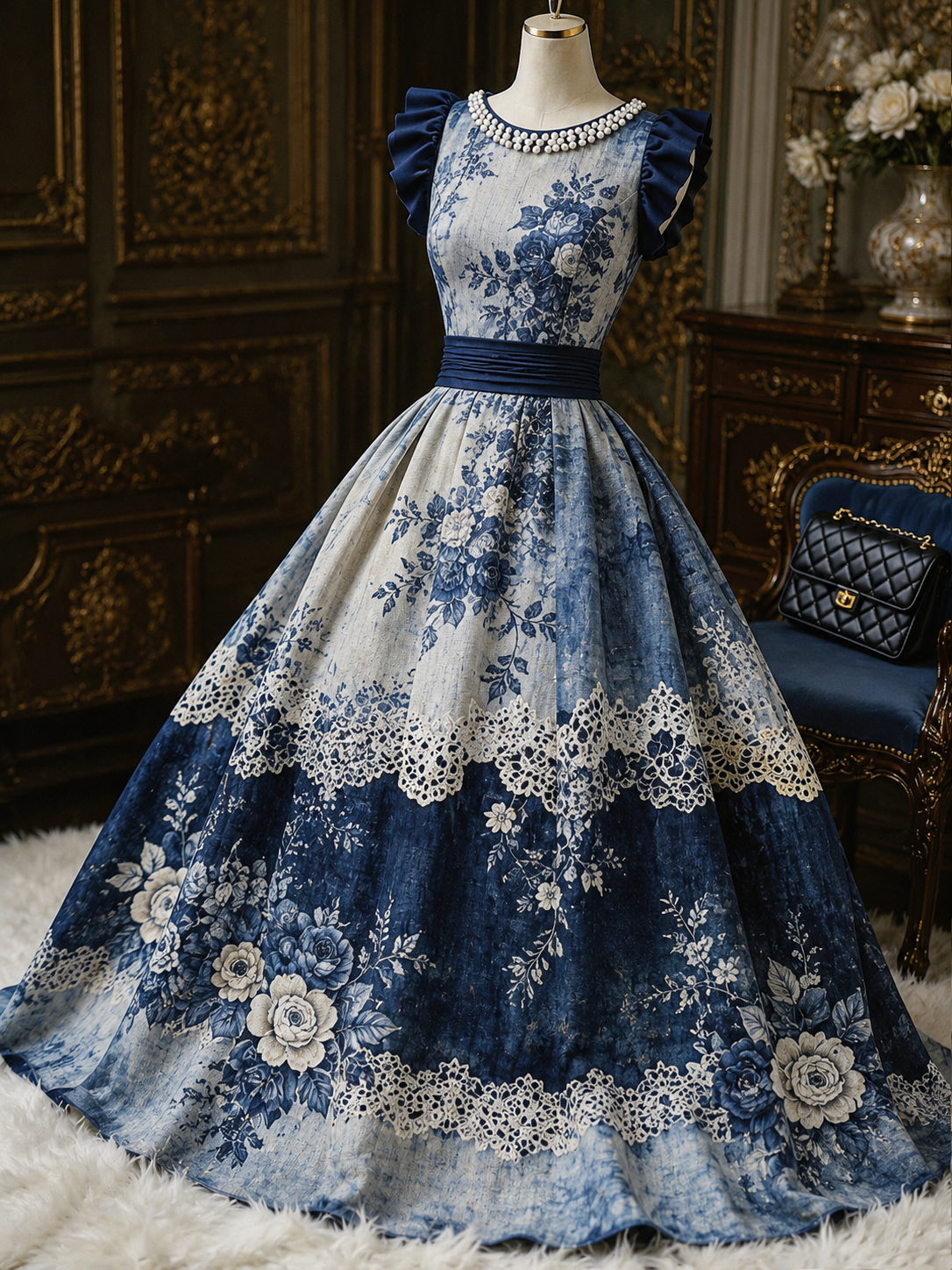 Retro Floral Art Printed Elegant V-Neck Ruffled Sleeves Maxi Dress